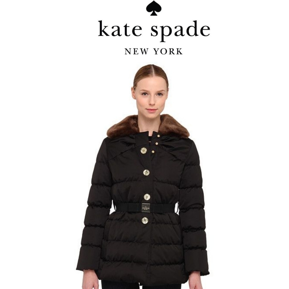 kate spade Black Puffer Coat with Brown Faux-Fur Collar